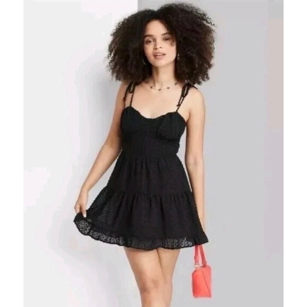 Wild Fable Black Swiss Dot‎ Tiered Ruffle Mini Dress Spaghetti Strap